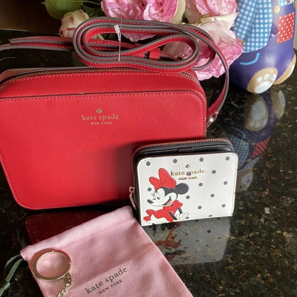 Kate Spade  Crossbody Bag Minnie Mouse Wallet & keychain 🍒 NWT Retail  $507 Lot